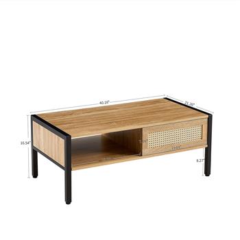 40.16\\" Rattan Coffee table, sliding door for storage, metal legs, Modern table  for living room , natural