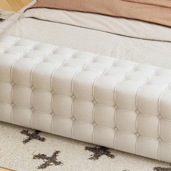 All Covered Velvet Upholstered Ottoman, Rectangular Footstool, Bedroom Footstool, No Assembly Required, Elegant and Luxurious, White