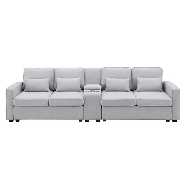 [VIDEO provided] [New] 114.2" Upholstered Sofa with Console, 2 Cupholders and 2 USB Ports Wired or Wirelessly Charged, Modern Linen Fabric Couches with 4 Pillows for Living Room, Apartment (4-Seat)