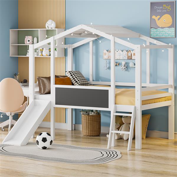 Twin Size Loft Bed with Ladder and Slide, House Bed with Blackboard and Light Strip on the Roof, White