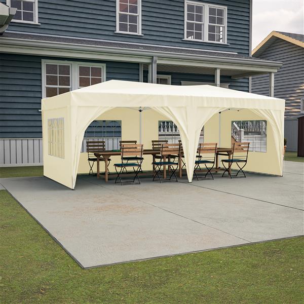 10'x20' Pop Up Canopy Tent with 6 Sidewalls, Ez Pop Up Outdoor Canopy for Parties, Waterproof Commercial Tent with 3 Adjustable Heights, Carry Bag, 6 Sand Bags, 6 Ropes and 12 Stakes, Beige