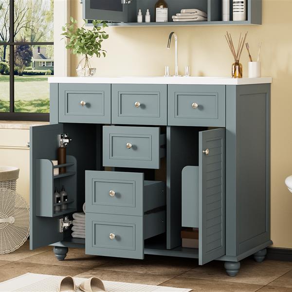 36" Bathroom Vanity Cabinet with Sink Combo Set, Undermount Resin Sink, Free Standing Vanity Set with 2 Drawers& Soft Closing Doors, Solid Wood Frame Bathroom Cabinet, Blue