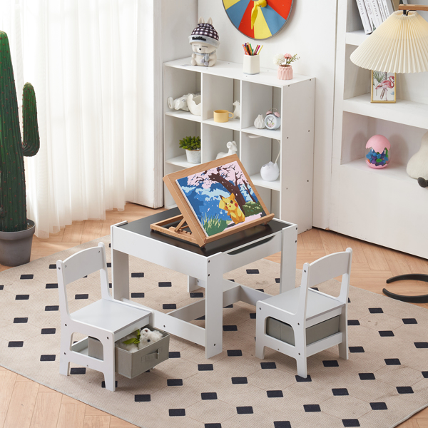 Children's Wooden Table And Chair Set With Two Storage Bags (One Table And Two Chairs) Grey And White