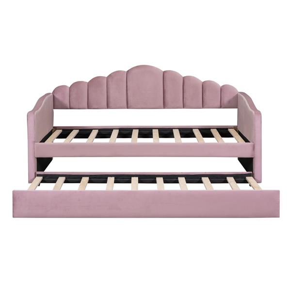 Twin size Upholstered Daybed with Trundle ,Velvet Sofabed with USB Charging Ports,No Box-spring Needed,Pink