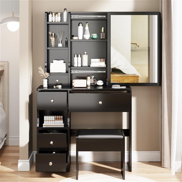 Small Space Left Drawer Desktop Vanity Table + Cushioned Stool, Extra Large Right sliding mirror, Multi Layer High Capacity Storage, Practical Fashionable Dresser, Suitable for Girls Up To 5.6ft Tall