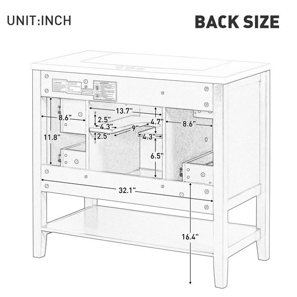 36" Bathroom Vanity with Sink Combo, One Cabinet and Three Drawers, Solid Wood and MDF Board, Blue