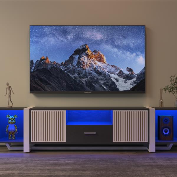 TV Console with Large Storage Cabinets, Biplane Shape Design LED TV Stand with Remote Control, Multiple Modes Changing Lights Modern Entertainment Center with Power Cord, Black