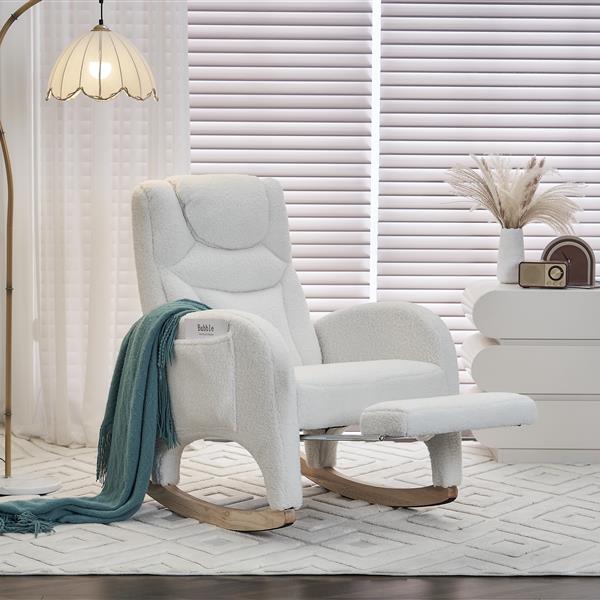 052-Teddy Fabric Nursery Rocking Chair With Adjustable Footrest,Ivory