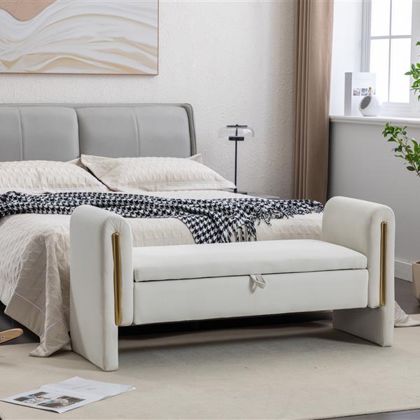 032-Velvet Fabric Storage Bench Bedroom Bench With Gold Metal Trim Strip For Living Room Bedroom Indoor,Ivory