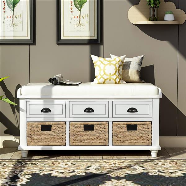 Rustic Storage Bench with 3 Drawers and 3 Rattan Baskets, Shoe Bench for Living Room, Entryway (White)