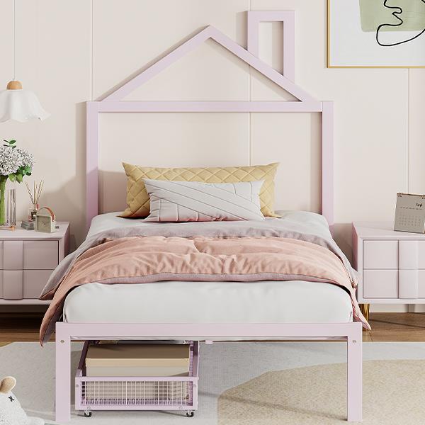 Twin Size Metal Platform Bed with two drawers,House-Shaped Headboard Design, Pink