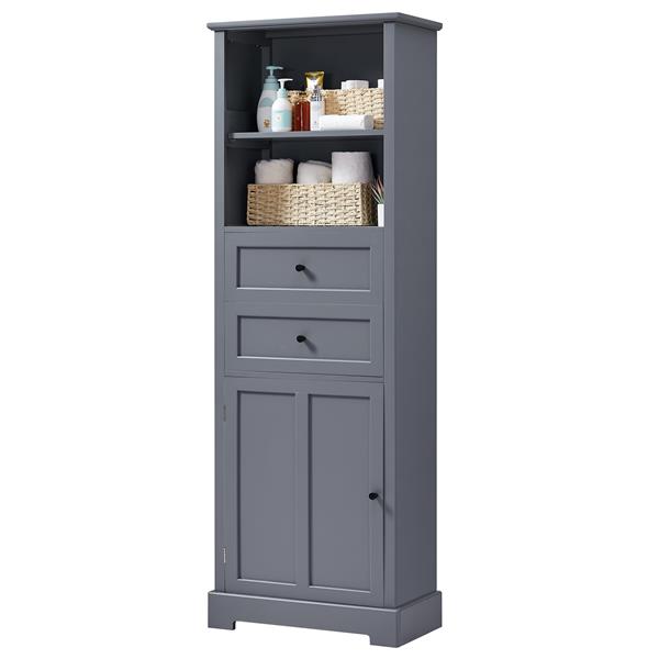 Bathroom Storage Cabinet, Tall Storage Cabinet with Two Drawers, Open Storage, Adjustable Shelf, Grey