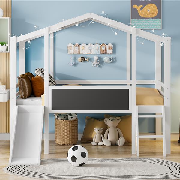 Twin Size Loft Bed with Ladder and Slide, House Bed with Blackboard and Light Strip on the Roof, White