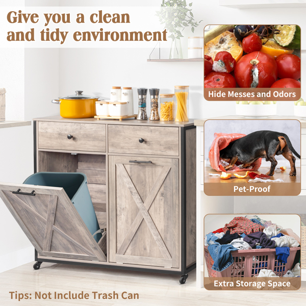[FCH] Kitchen Trash Can Cabinet, 2 Doors 2 Drawers 2 Dirty Clothes Bags Garbage Storage Cabinet, Gray Wood