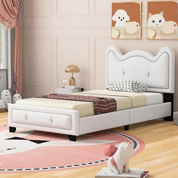 Twin Size Upholstered Platform Bed with Carton Ears Shaped Headboard, White