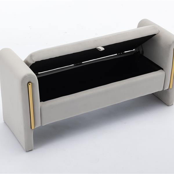 032-Velvet Fabric Storage Bench Bedroom Bench With Gold Metal Trim Strip For Living Room Bedroom Indoor,Light Gray