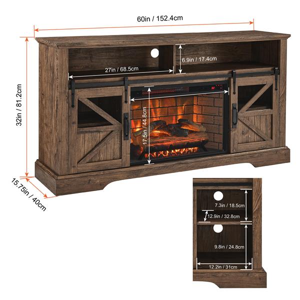 60 Inch Electric Fireplace  Entertainment Center With Door Sensor-Reclaimed Barnwood Color