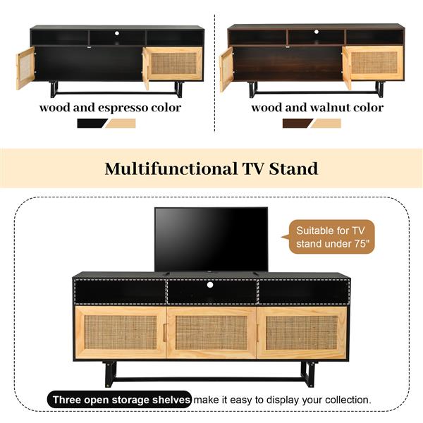 Retro Rattan Console Table 3-door TV Stand Media Console with Open Shelves for TV Stand under 75''(Espresso)