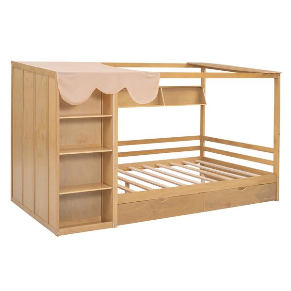 Full size House Bed with Two Drawers and Wardrobe,Natural