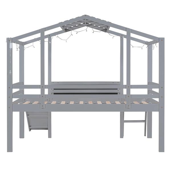 Twin Size Loft Bed with Ladder and Slide, House Bed with Blackboard and Light Strip on the Roof, Gray