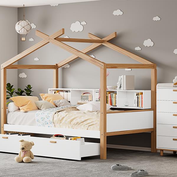 White Twin Size Wooden House Bed Original Wood Colored Frame with Two Drawers and Bookshelf Storage Space for Children or Guest Room