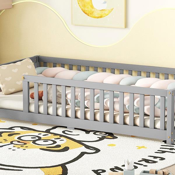 Twin Size Bed Floor Bed with Safety Guardrails and Door for Kids, Gray