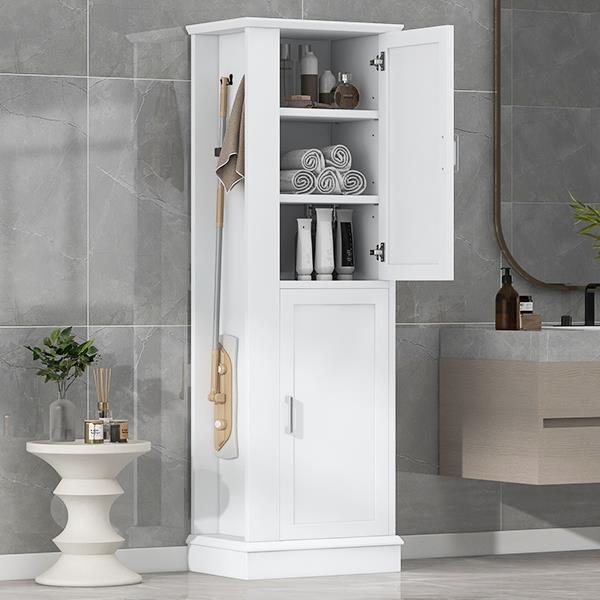 Tall Bathroom Storage Cabinet, Freestanding Storage Cabinet with Hook and Adjustable Shelf, MDF Board, White