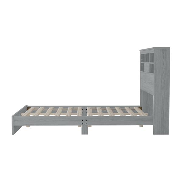 Queen Size Vintage Platform Bed,With Storage Headboard and Charging Station, Light Gray