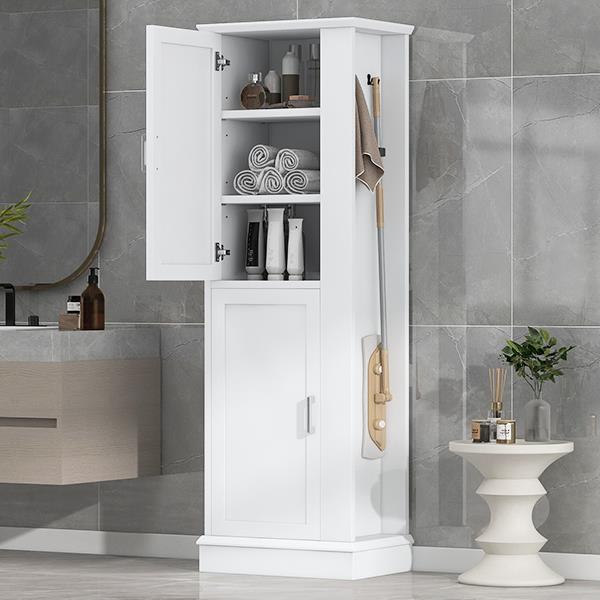 Tall Bathroom Storage Cabinet, Freestanding Storage Cabinet with Hook and Adjustable Shelf, MDF Board, White