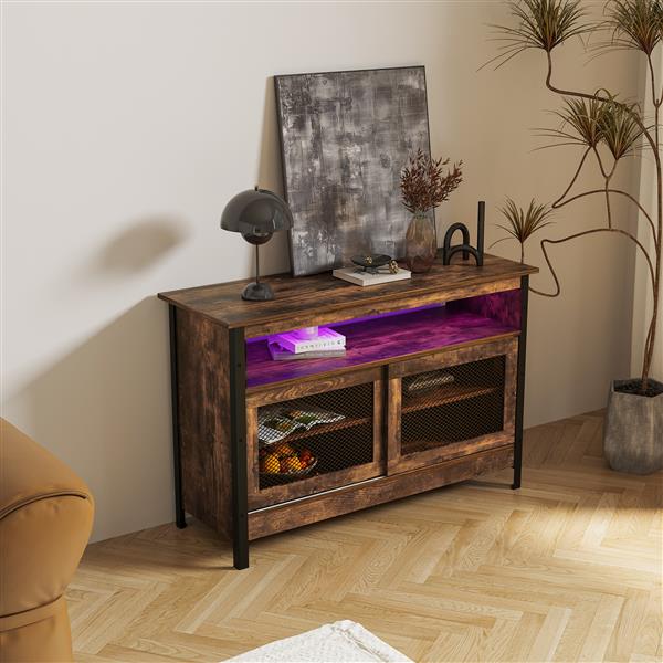 LED Buffet Sideboard, Farmhouse Storage Cabinet with Sliding Door, Open Compartment, Wood Coffee Bar Wine Bar with Adjustable Shelves