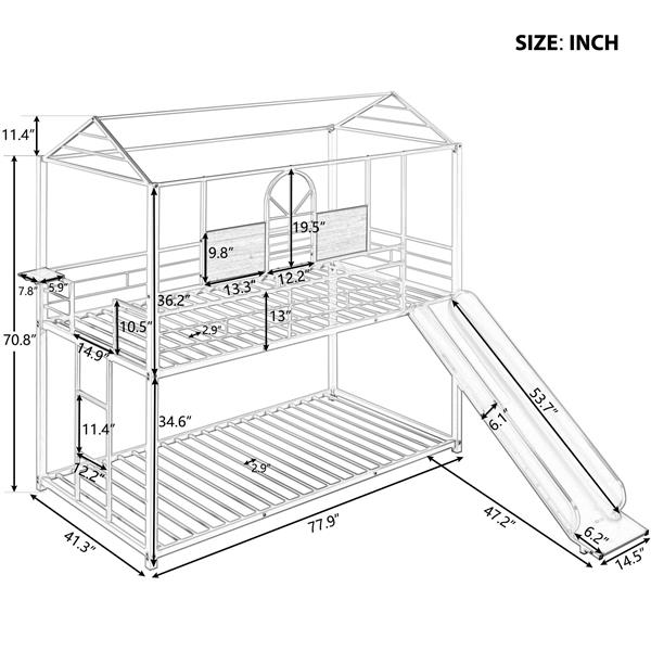 Twin Over Twin Metal Bunk Bed ,Metal Housebed With Slide,Three Colors Available.(White with White  Slide)