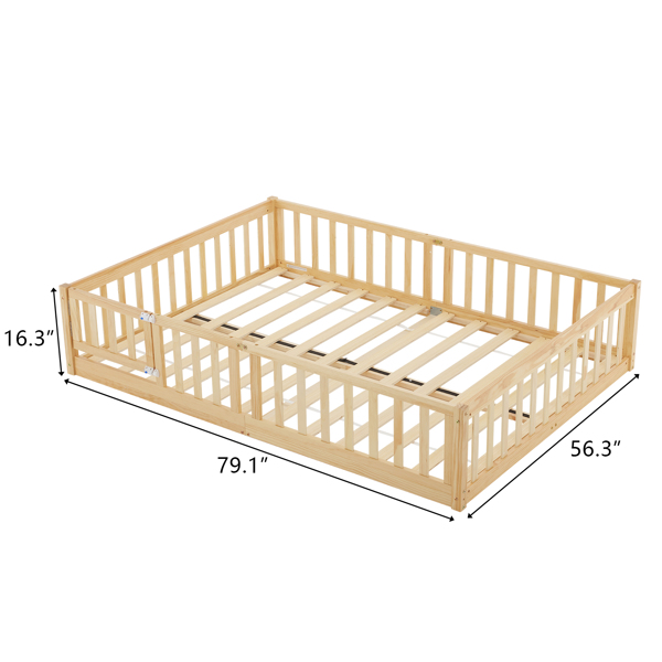 Fence bed with door and decking, natural wood color, painted surface, pine wood, full children's bed