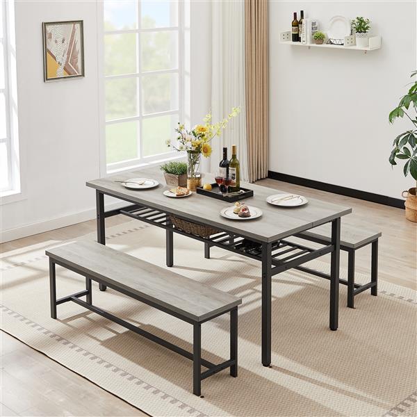 Oversized dining table set for 6, 3-Piece Kitchen Table with 2 Benches, Dining Room Table Set for Home Kitchen, Restaurant, Rustic Grey, 67'' L x 31.5'' W x 31.7'' H.