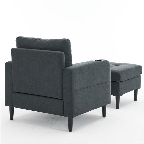 Dark Gray Upholstered Armchair and Storage Ottoman Set - Comfortable Single Sofa with Cup Holders and Tufted Detailing, Ideal for Living Room or Bedroom