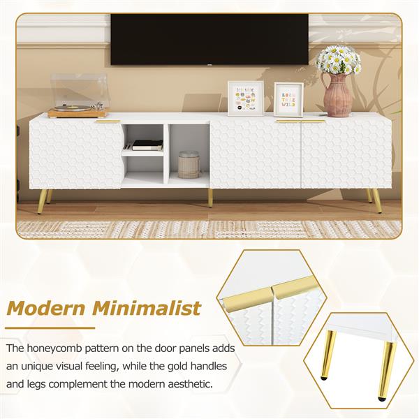 Modern Minimalist Geometric TV Cabinet with Metal Handles and Gold Legs for TVs Up to 80'', Multi-functional TV Stand with Storage Cabinets, Entertainment Center for Living Room, White