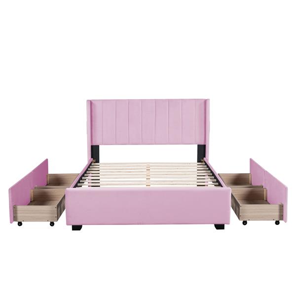 Full Size Upholstered Bed with 4 Drawers, Pink