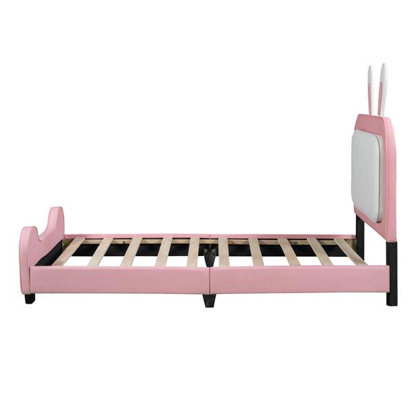 Twin size Upholstered Rabbit-Shape Princess Bed ,Twin Size Platform Bed with Headboard and Footboard,White+Pink