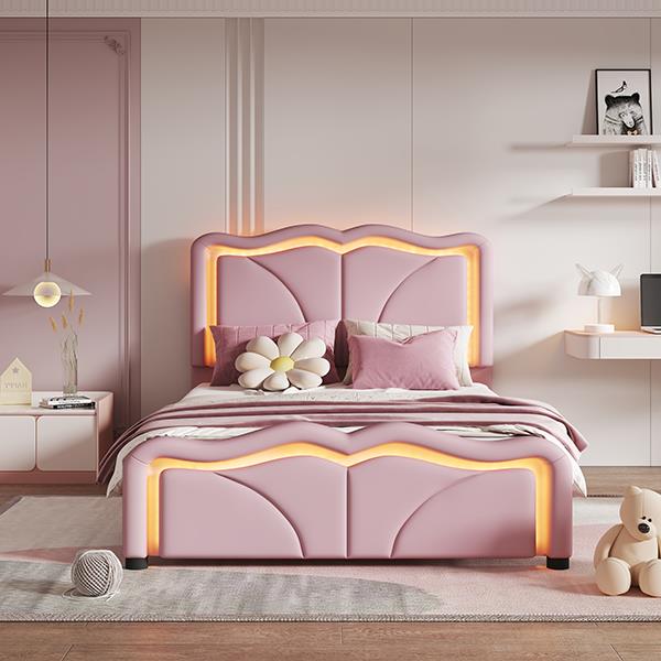 Twin Size Upholstered Platform Bed with Curve Shaped and Height-adjustbale Headboard,LED Light Strips,Pink