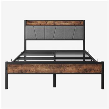 Full Size Bed Frame, Storage Headboard with Charging Station, Solid and Stable, Noise Free, No Box Spring Needed, Easy Assembly,Vintage Brown and Gray