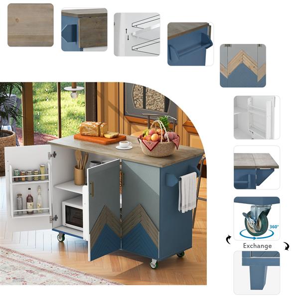 Retro Mountain Wood 47"D Kitchen Island with Drop Leaf, Cabinet with Internal Storage Rack, Farmhouse Rolling Kitchen Cart on Wheels for Living Room, Kitchen, Dining Room (Navy Blue)