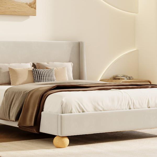 Modern Velvet Upholstered Platform Bed with Wingback Headboard and Round Wooden Legs, Cream,King Size