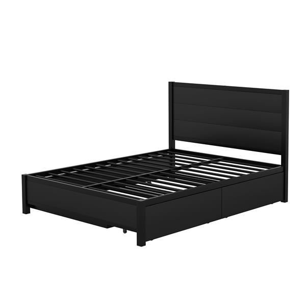 Metal Full Size Storage Platform Bed with Twin Size Trundle and 2 Drawers, Black