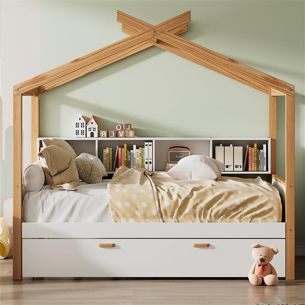 White Twin Size Wooden House Bed with Original Wood Colored Frame Twin Size Trundle and Bookshelf Storage Space for Children or Guest Room