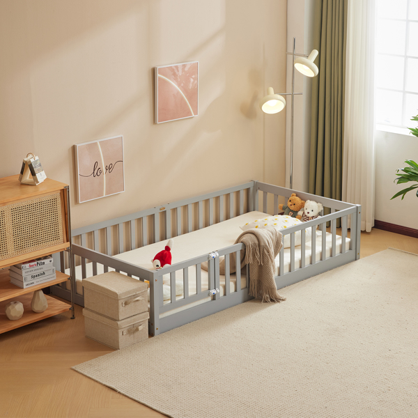 Fence Bed With Door With Board Grey Painted Pine Twin Children's Bed