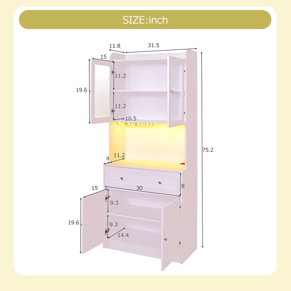 75.2" Tall Kitchen Pantry Storage Cabinet with Lights and Charging Station, Modern Kitchen Hutch Bar Cabinet with Microwave Stand, Wood Buffet Sideboard with 1 Drawer for Kitchen, Dining Room 