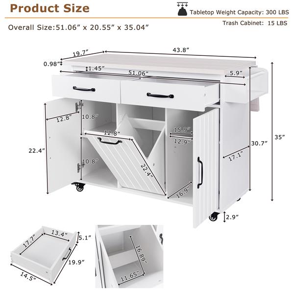 Kitchen Island with Trash Can Storage Cabinet, Kitchen Cart with Drop Leaf, Spice Rack, Towel Rack and Drawer, Rolling Kitchen Island on Wheels with Adjustable Shelf, White