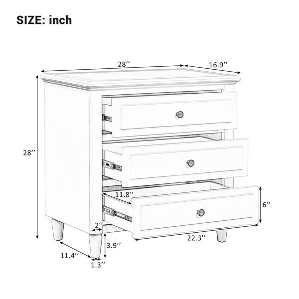 3-Drawer Nightstand Storage Wood Cabinet