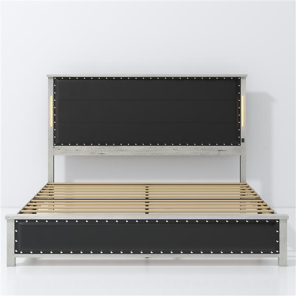 King Size Bed Frame with 2 Storage Drawers and LED Lights Headboard, Upholstered king Bed Frame with Charging Station, No Box Spring Needed, Easy Assembly