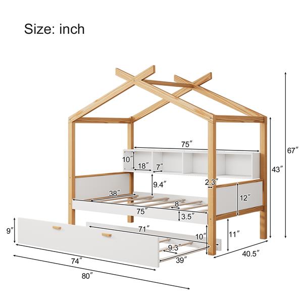 White Twin Size Wooden House Bed with Original Wood Colored Frame Twin Size Trundle and Bookshelf Storage Space for Children or Guest Room