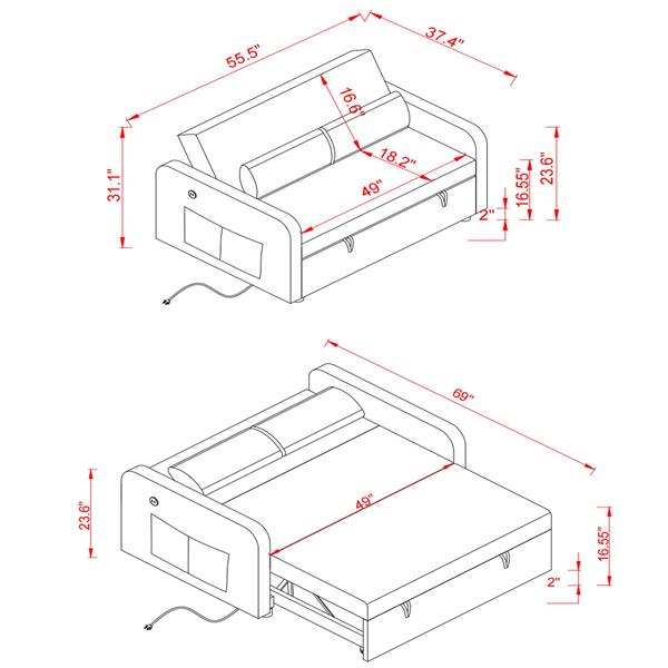 Twins Sofa Bed Grey Fabric